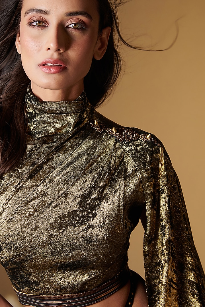 Metallic Gold Sandwash Foil One Shoulder Draped Crop Top by S&N by Shantnu Nikhil at Pernia's Pop Up Shop