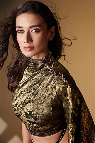 Metallic Gold Sandwash Foil One Shoulder Draped Crop Top by S&N by Shantnu Nikhil