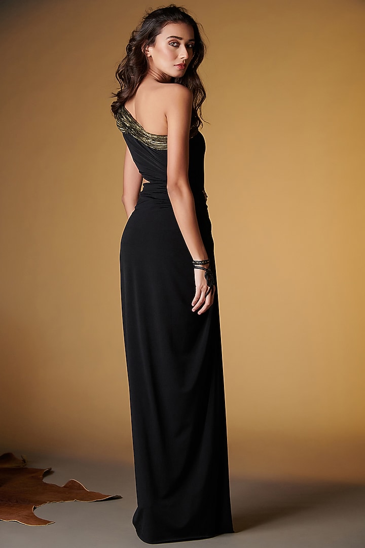 Black Faux Leather Embellished One Shoulder Wedding Saree Gown by S&N by Shantnu Nikhil at Pernia's Pop Up Shop