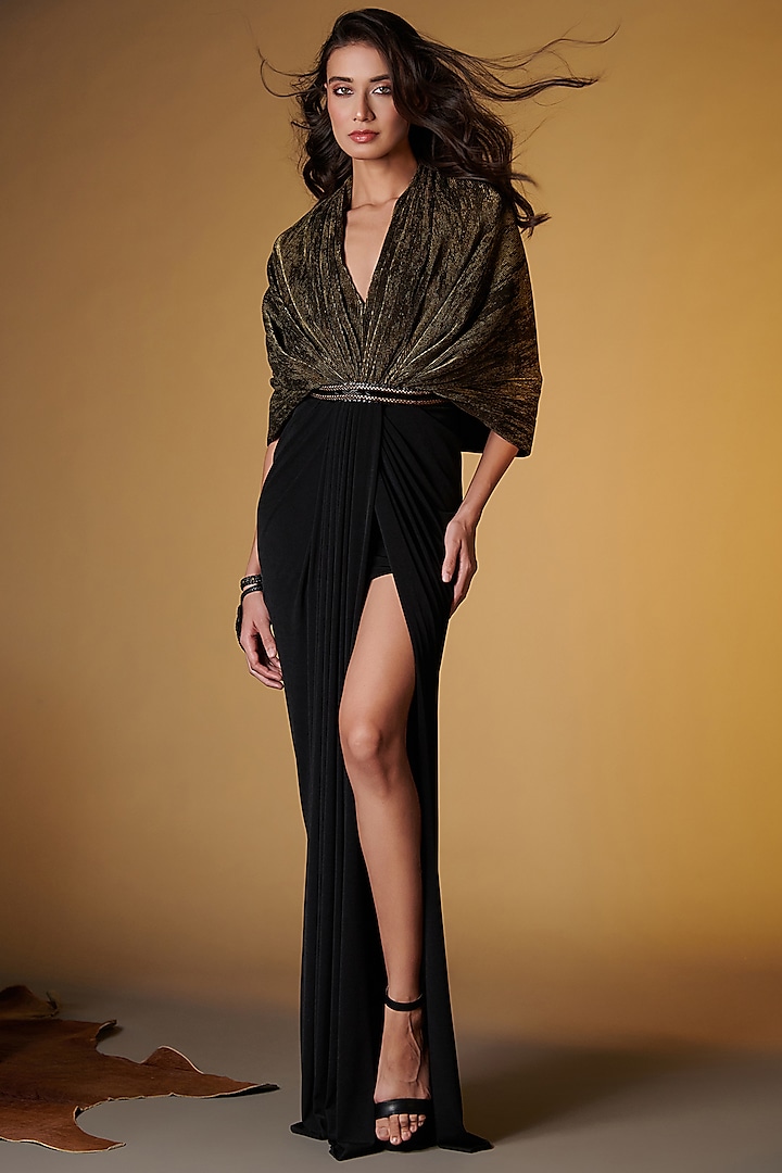 Black Poly Jersey Cape Saree Gown by S&N by Shantnu Nikhil