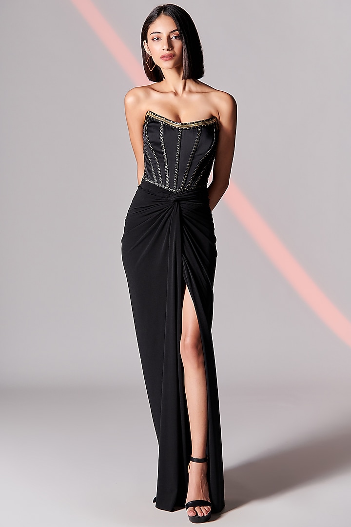 Black Poly Jersey Corset Gown by S&N by Shantnu Nikhil