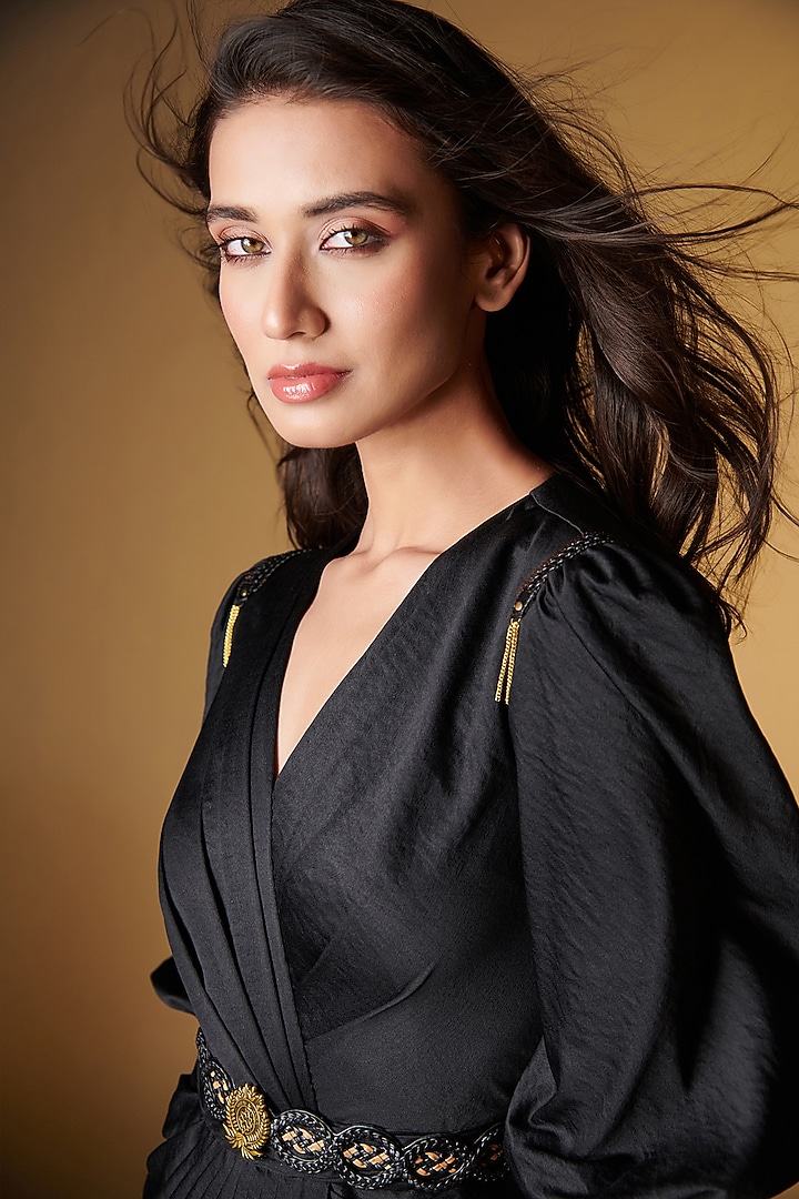 Black Poly Crepe Embroidered Draped Vacation Dress by S&N by Shantnu Nikhil at Pernia's Pop Up Shop