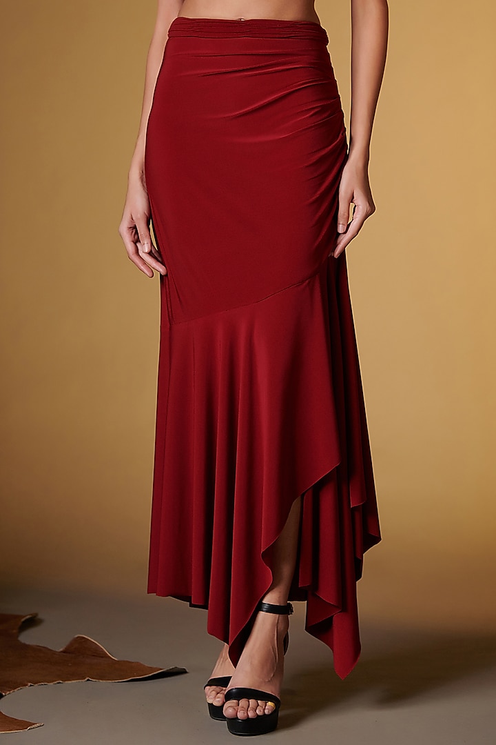 Cherry Poly Jersey & Faux Leather Draped Skirt by S&N by Shantnu Nikhil