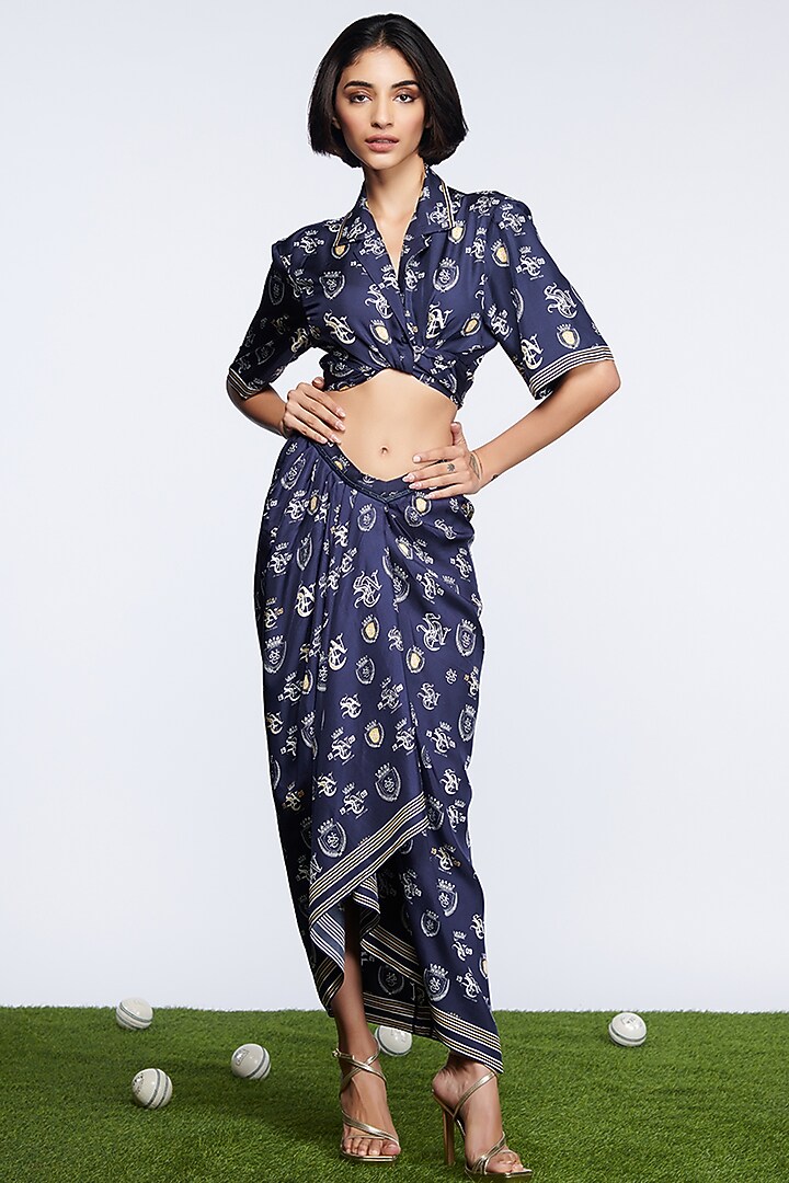 Navy Twill Silk Printed Skirt by S&N by Shantnu Nikhil at Pernia's Pop Up Shop