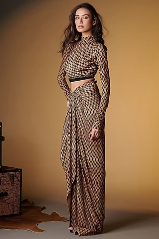 Beige Poly Jersey Printed Draped Skirt by S&N by Shantnu Nikhil