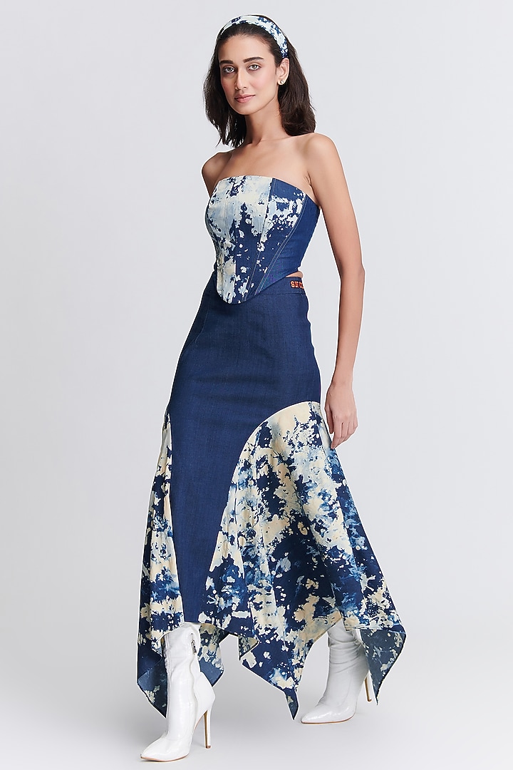 Navy Blue Denim Lycra Flared Skirt by S&N by Shantnu Nikhil at Pernia's Pop Up Shop