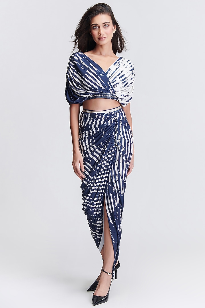 Navy Blue Poly Jersey Spandex Draped Crop Top by S&N by Shantnu Nikhil at Pernia's Pop Up Shop