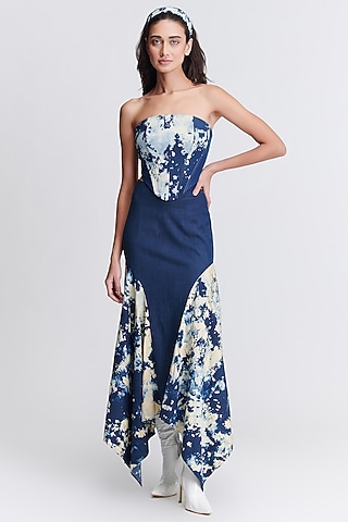Navy Blue Denim Lycra Corset Top by S&N by Shantnu Nikhil