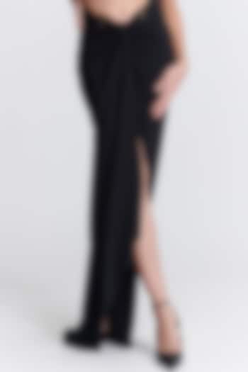 Black Denim Lycra Embellished Asymmetrical Draped Skirt by S&N by Shantnu Nikhil