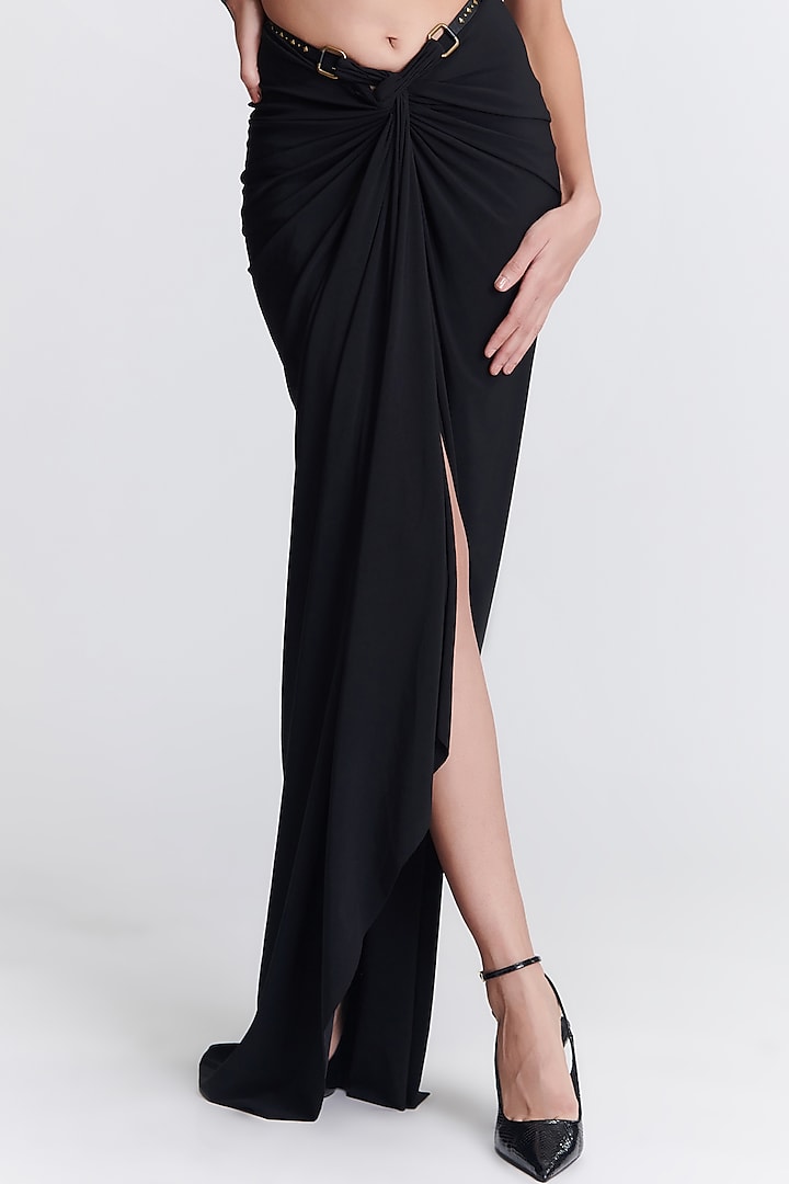 Black Denim Lycra Embellished Asymmetrical Draped Skirt by S&N by Shantnu Nikhil