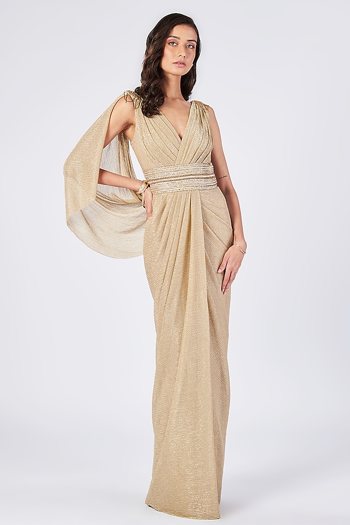 Gold Poly Jersey Spandex Embellished Gown Saree by S&N by Shantnu Nikhil