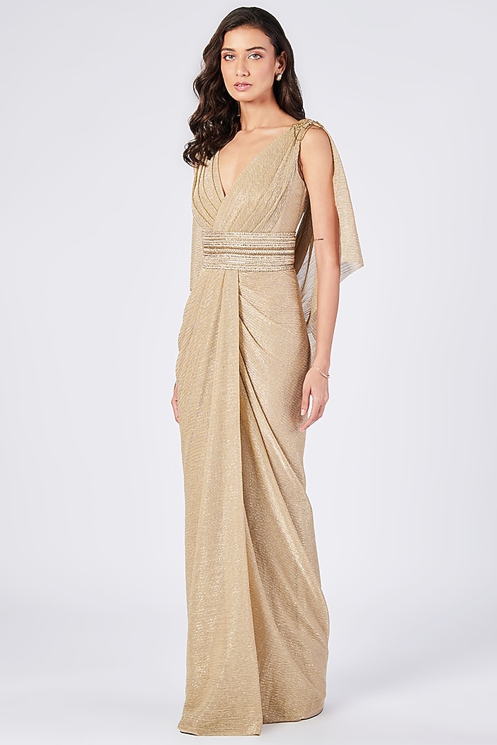 Gold Poly Jersey Spandex Embellished Wedding Gown Saree by S&N by Shantnu Nikhil at Pernia's Pop Up Shop