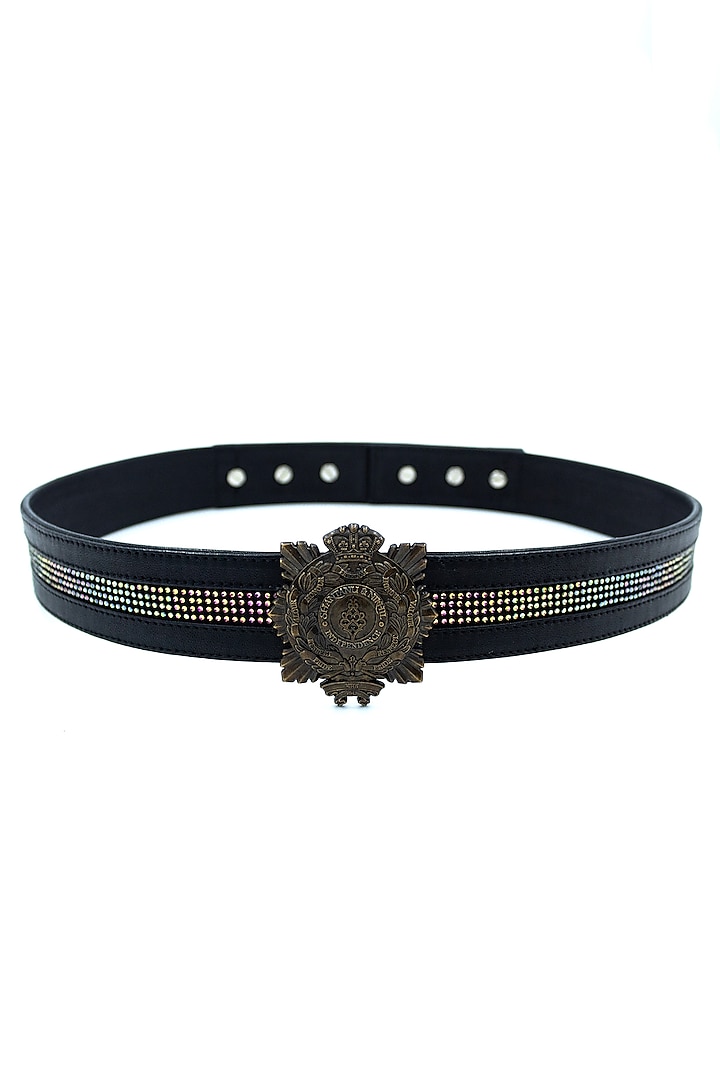 Black Vegan Leather Diamante Embellished Crested Belt by S&N BY SHANTNU NIKHIL Accessories