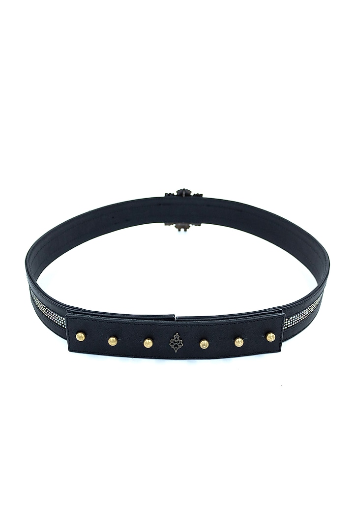 Black Vegan Leather Diamante Embellished Crested Belt by S&N BY SHANTNU NIKHIL Accessories at Pernia's Pop Up Shop