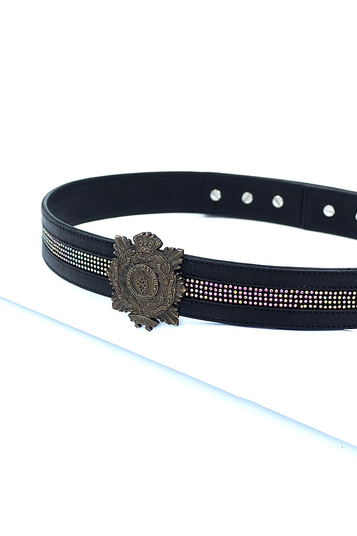 Black Vegan Leather Diamante Embellished Crested Belt by S&N BY SHANTNU NIKHIL Accessories at Pernia's Pop Up Shop