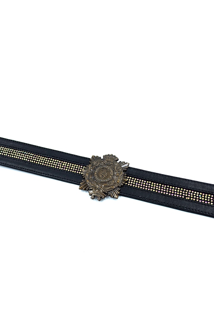 Black Vegan Leather Diamante Embellished Crested Belt by S&N BY SHANTNU NIKHIL Accessories at Pernia's Pop Up Shop