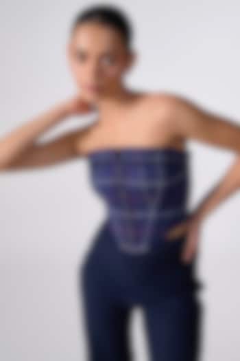 Navy Cotton Checkered Printed Corset Top by S&N by Shantnu Nikhil