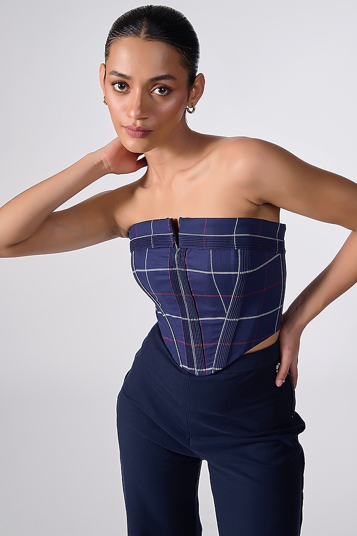 Navy Cotton Checkered Printed Corset Top by S&N by Shantnu Nikhil