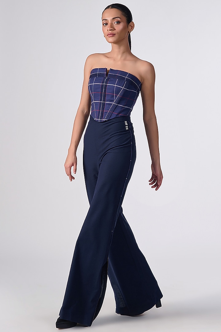 Navy Cotton Checkered Printed Corset Top by S&N by Shantnu Nikhil at Pernia's Pop Up Shop