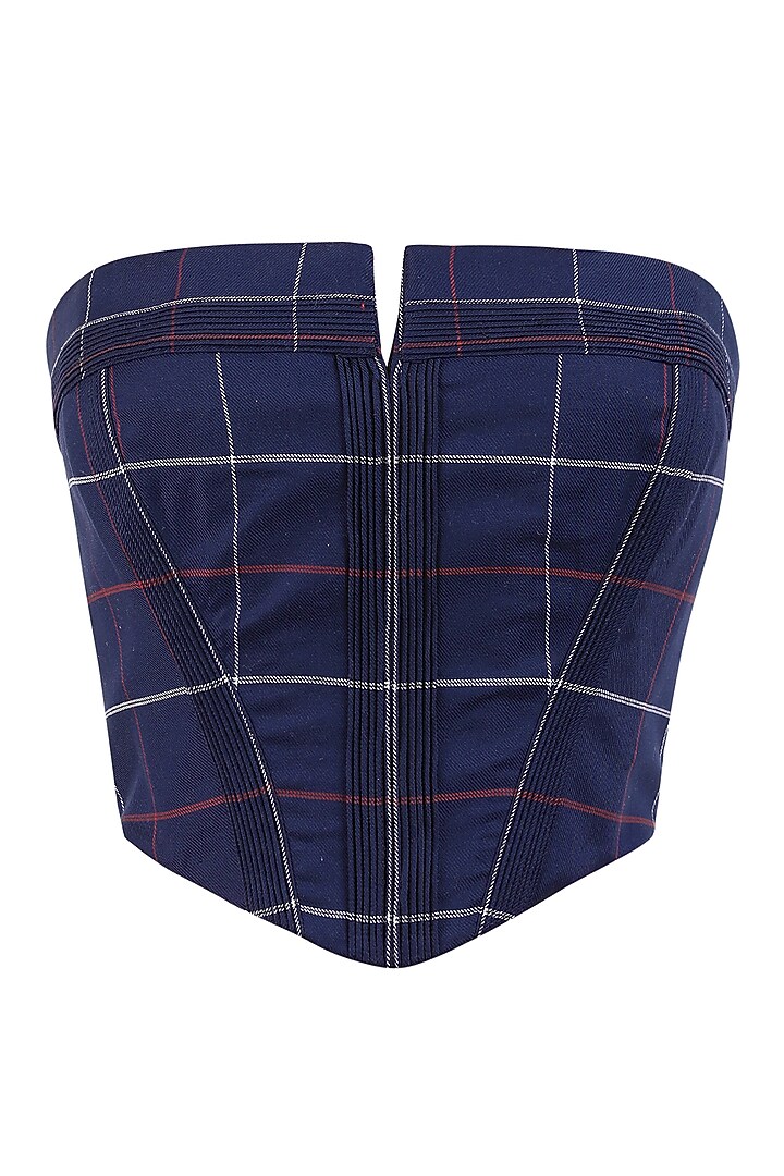 Navy Cotton Checkered Printed Corset Top by S&N by Shantnu Nikhil at Pernia's Pop Up Shop