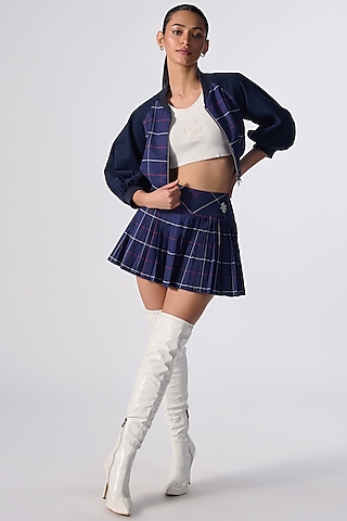 Navy Cotton Checkered Printed Pleated Skirt by S&N by Shantnu Nikhil