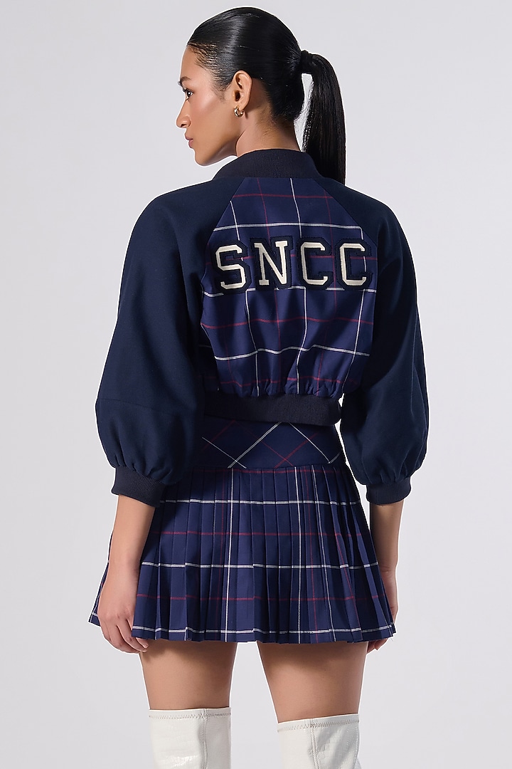 Navy Cotton Checkered Printed Pleated Skirt by S&N by Shantnu Nikhil at Pernia's Pop Up Shop