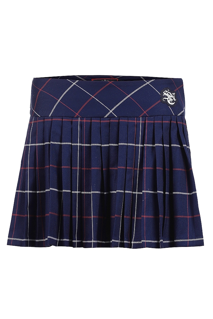 Navy Cotton Checkered Printed Pleated Skirt by S&N by Shantnu Nikhil at Pernia's Pop Up Shop