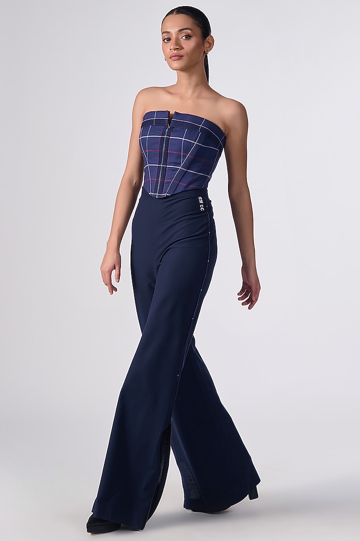 Navy Poly Blend & Lycra Trousers by S&N by Shantnu Nikhil at Pernia's Pop Up Shop
