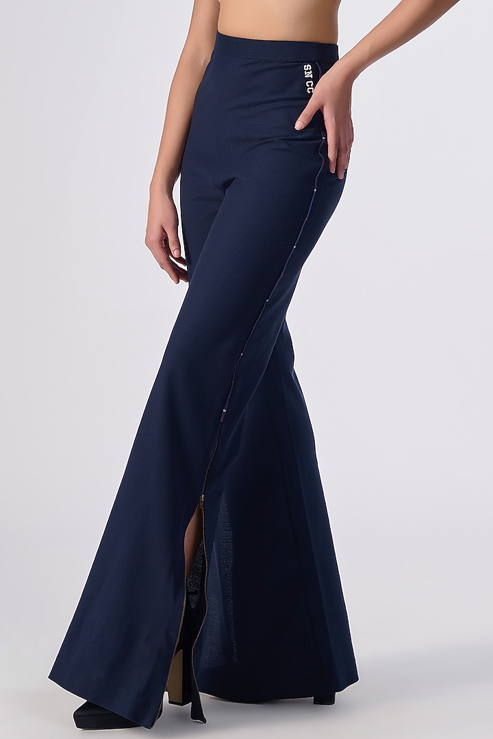 Navy Poly Blend & Lycra Trousers by S&N by Shantnu Nikhil at Pernia's Pop Up Shop