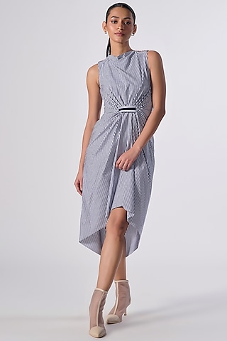 Navy Poly Blend Printed Drape Dress by S&N by Shantnu Nikhil