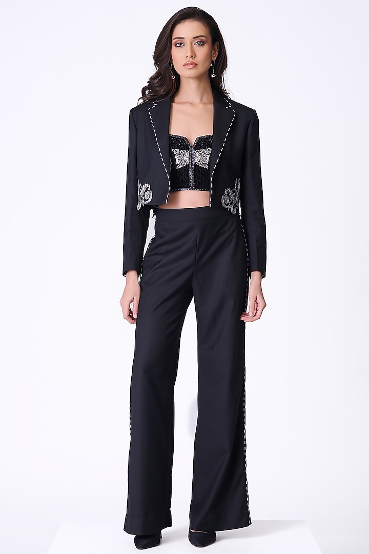 Black Brushed Suiting Baroque Printed Jacket by S&N by Shantnu Nikhil at Pernia's Pop Up Shop