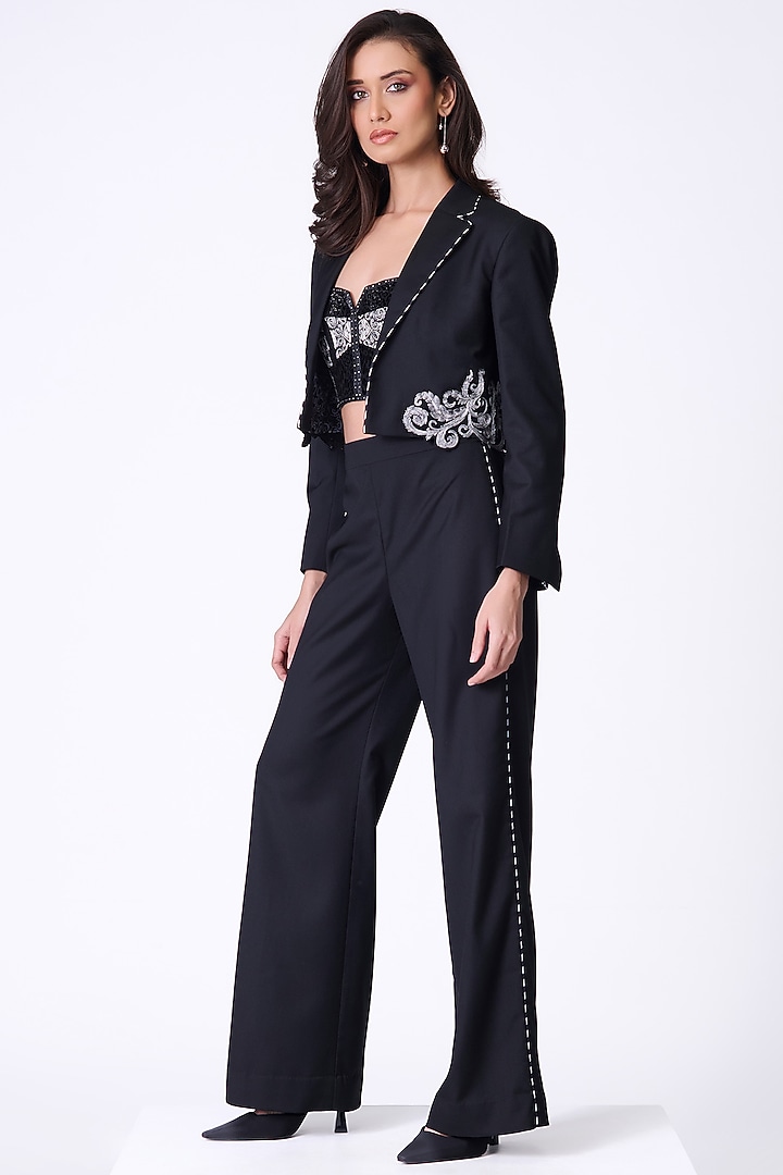 Black Brushed Suiting Baroque Printed Jacket by S&N by Shantnu Nikhil at Pernia's Pop Up Shop