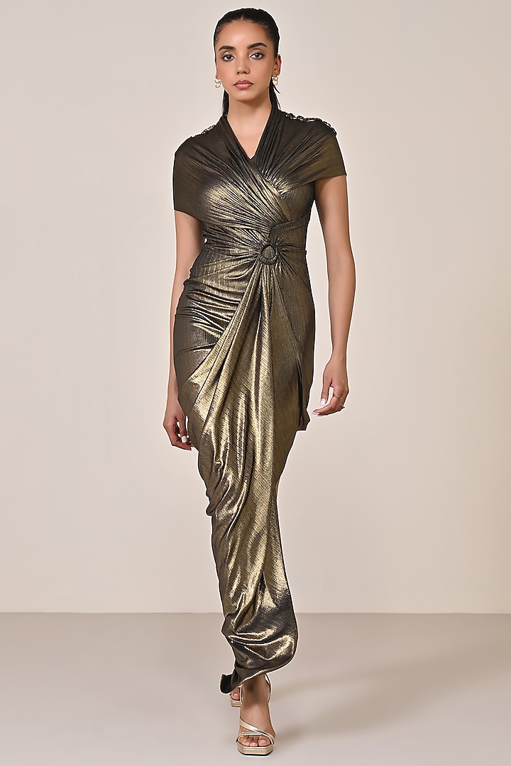 Gold Lurex Metallic Embroidered Draped Vacation Dress by S&N by Shantnu Nikhil at Pernia's Pop Up Shop