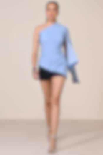 Dark Denim Blue Terylene Viscose Embellished Draped Top by S&N by Shantnu Nikhil at Pernia's Pop Up Shop