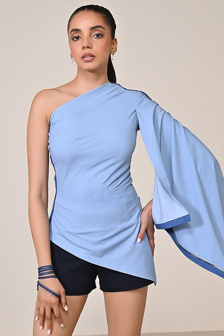 Dark Denim Blue Terylene Viscose Embellished Draped Top by S&N by Shantnu Nikhil at Pernia's Pop Up Shop