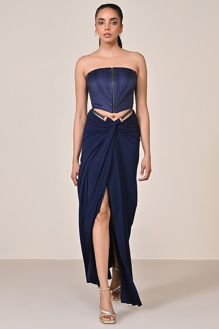Navy Blue Poly Jersey Corset Top by S&N by Shantnu Nikhil at Pernia's Pop Up Shop