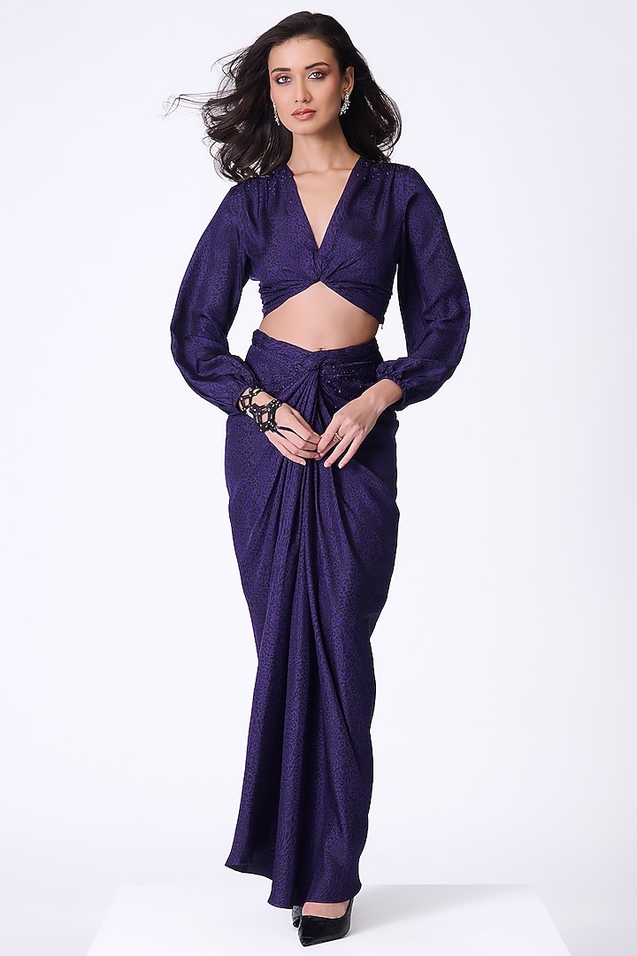 Purple Silk Twill Leopard Printed Crop Top by S&N by Shantnu Nikhil at Pernia's Pop Up Shop