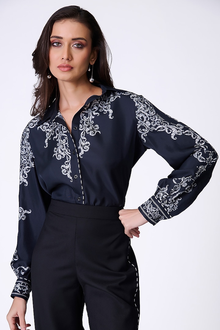 Black Silk Twill Baroque Printed Shirt by S&N by Shantnu Nikhil at Pernia's Pop Up Shop