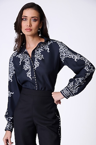 Black Silk Twill Baroque Printed Shirt by S&N by Shantnu Nikhil