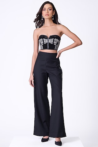 Black Viscose Blend Printed & Swarovski Embellished Corset Bustier by S&N by Shantnu Nikhil