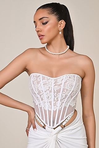 Off-White Mesh Applique Work Corset Top by S&N by Shantnu Nikhil