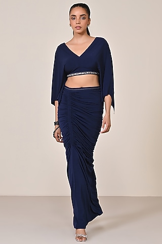 Navy Blue Lycra Embellished Crop Top by S&N by Shantnu Nikhil