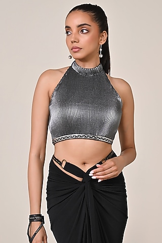 Silver Sandwash Foil Faux Leather Embellished Crop Top by S&N by Shantnu Nikhil