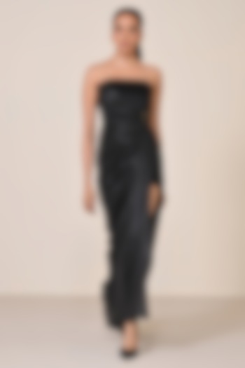 Black Jersey Faux Leather Velvet Corset Engagement Gown by S&N by Shantnu Nikhil at Pernia's Pop Up Shop