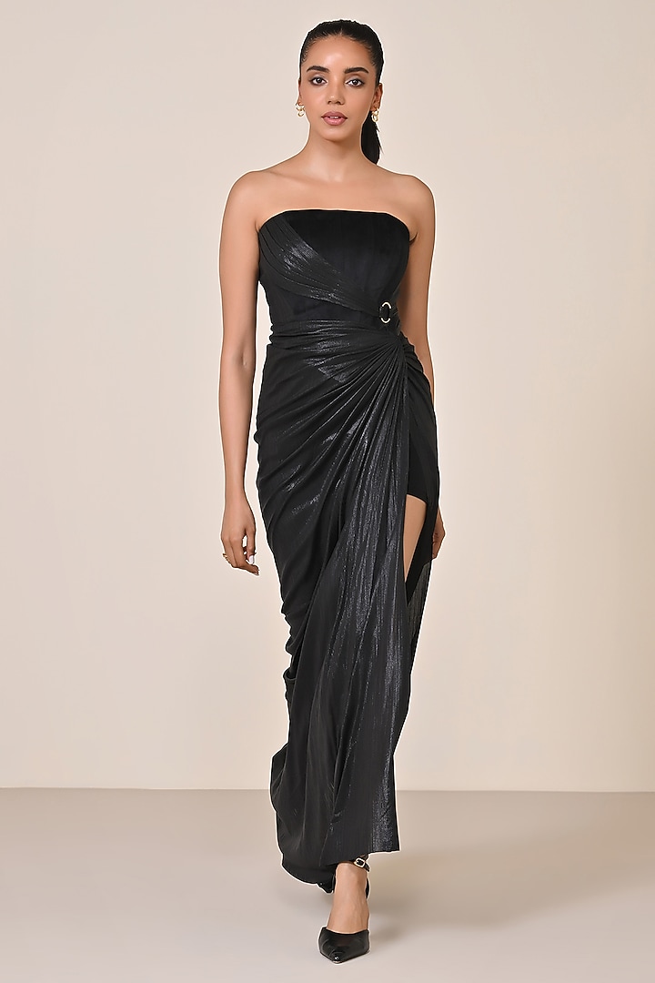 Black Jersey Faux Leather Velvet Corset Engagement Gown by S&N by Shantnu Nikhil at Pernia's Pop Up Shop