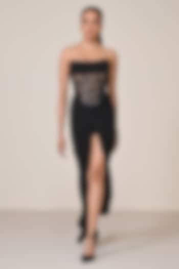 Black Jersey Spandex Blend Printed Corset Engagement Gown by S&N by Shantnu Nikhil at Pernia's Pop Up Shop