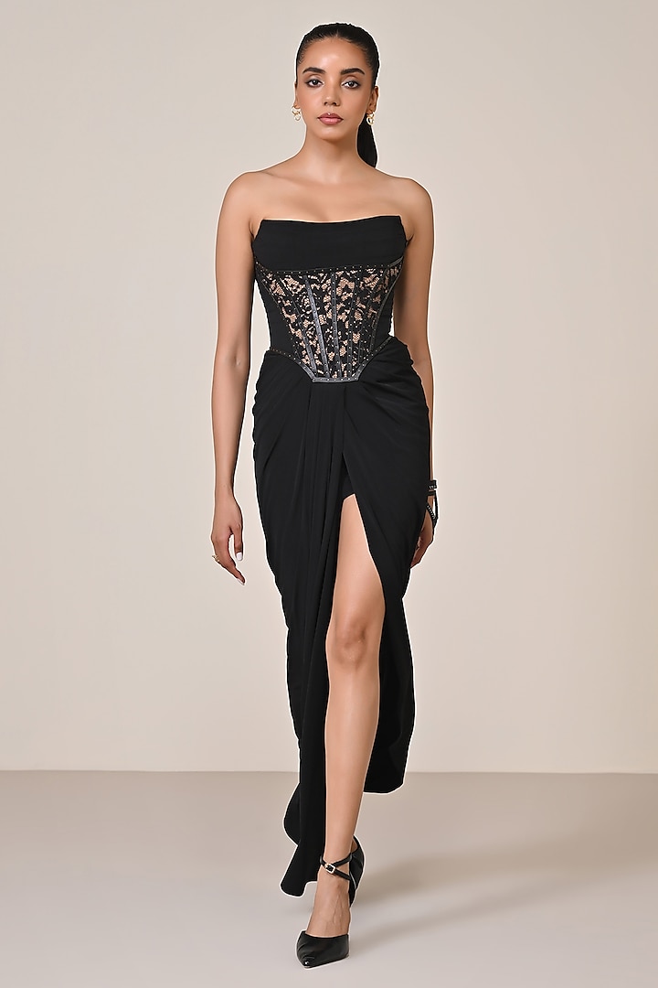 Black Jersey Spandex Blend Printed Corset Engagement Gown by S&N by Shantnu Nikhil at Pernia's Pop Up Shop