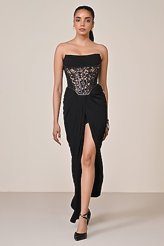 Black Jersey Spandex Blend Printed Corset Gown by S&N by Shantnu Nikhil