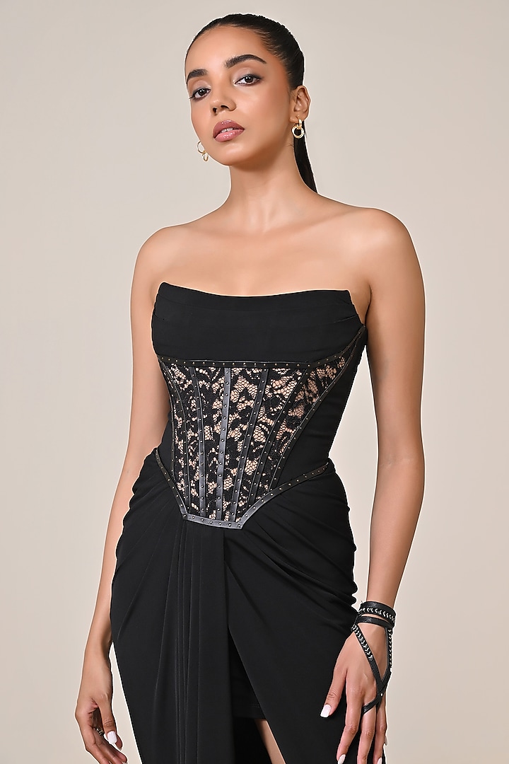 Black Jersey Spandex Blend Printed Corset Engagement Gown by S&N by Shantnu Nikhil at Pernia's Pop Up Shop