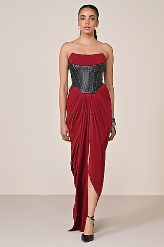 Cherry Red Jersey Spandex Blend Printed Corset Gown by S&N by Shantnu Nikhil